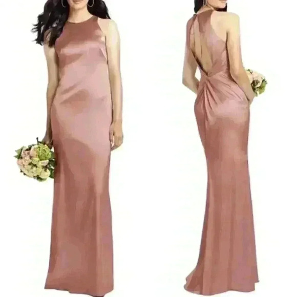 NWOT Social Bridesmaids Twist Back Satin Trumpet Gown in Desert Rose - Picture 1 of 9